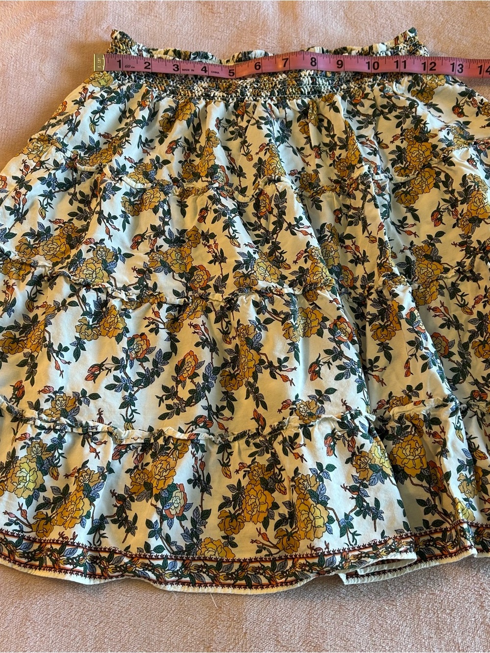 Max Studio white yellow blue floral print tiered mini skirt smocked waist size M - Picture 7 of 8